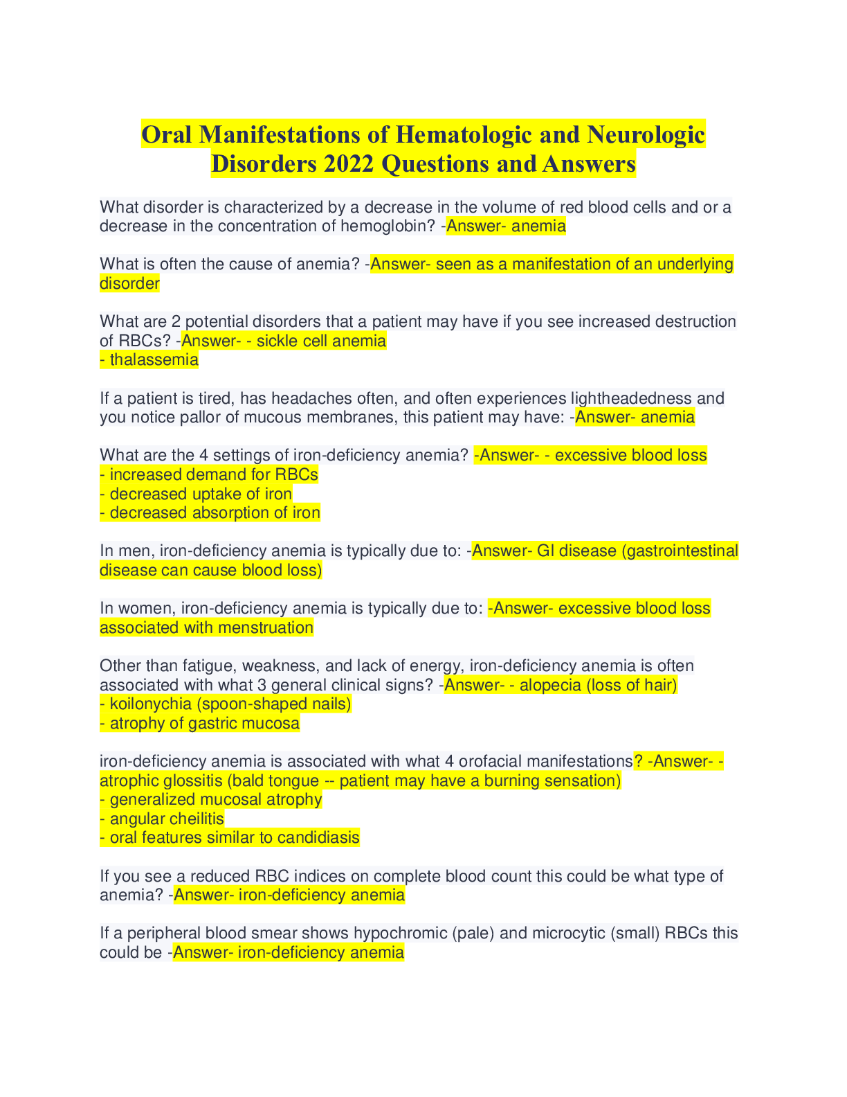 Preview image for Oral Manifestations of Hematologic and Neurologic Disorders 2022 Questions and Answers